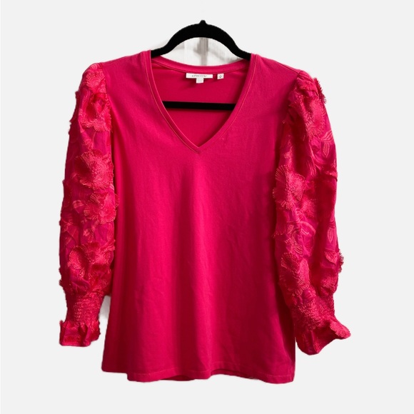 Chico's Size 1 Pink V-neck Top 3D Flowers Applique Smocked Sleeves - Picture 2 of 5